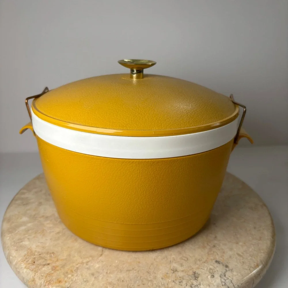 Vintage Ice Bucket Mustard Yellow Faux Leather Vinyl Insulated Mid Century Retro
